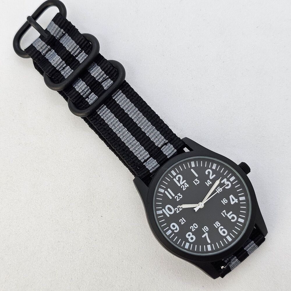 Men's Miltiary Field Watch 42MM Black Case Dial Black Gray Canvas Band Straps‎